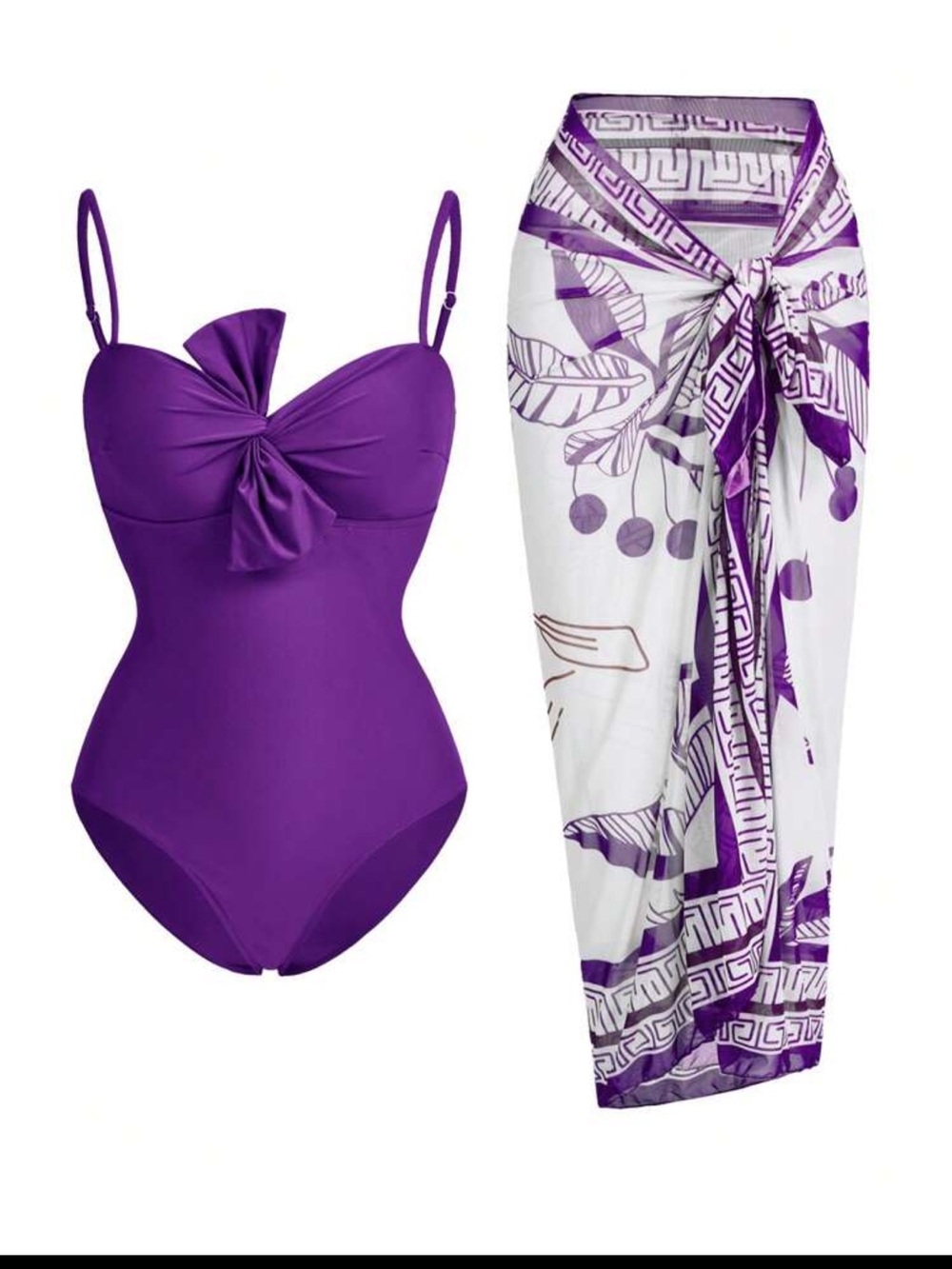 SHEIN White and Purple Floral Tie-Waist Swim Sarong
